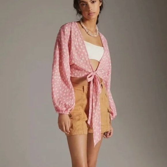 Anthropologie Womens Polka Dot Tie Front Crop Kimono Top One Size Pink White NWT - Picture 1 of 13